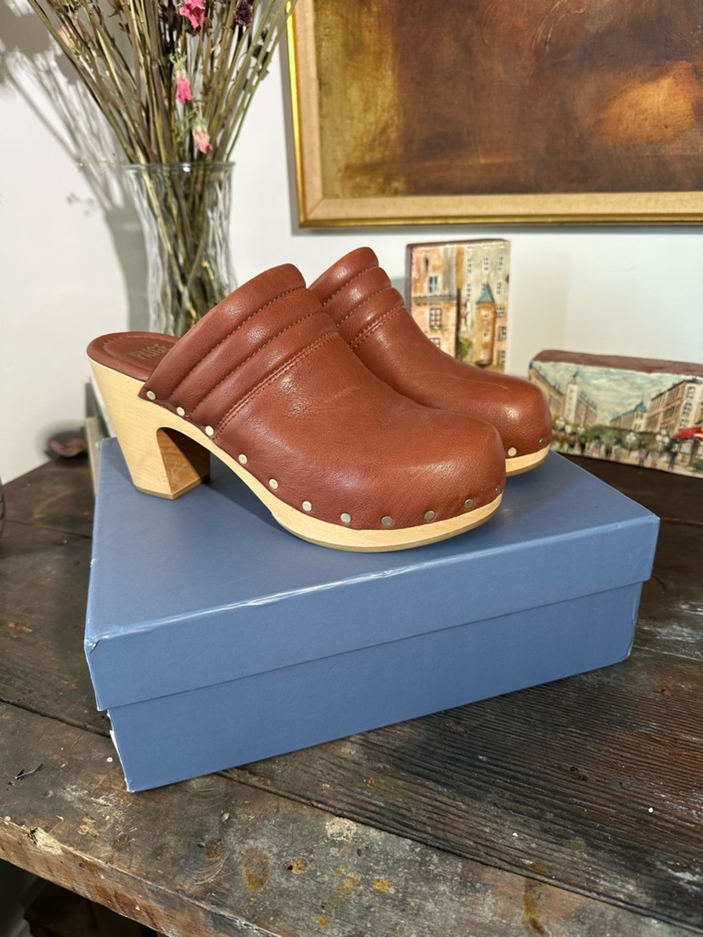 PAIGE Chestnut Brown Leather Studded Clog Mules